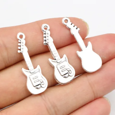 Antique Silver Zinc Alloy Guitar Pendant For DIY Jewelry Making Musical Instrument Charm For Necklace Bracelet Accessories