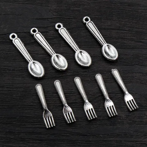 Antique Silver Alloy Mini Spoon Fork Charms For DIY Necklace Bracelet Jewelry Making Pendants Vintage Tableware Accessory