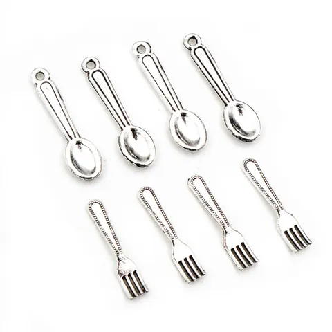 Antique Silver Alloy Mini Spoon Fork Charms For DIY Necklace Bracelet Jewelry Making Pendants Vintage Tableware Accessory