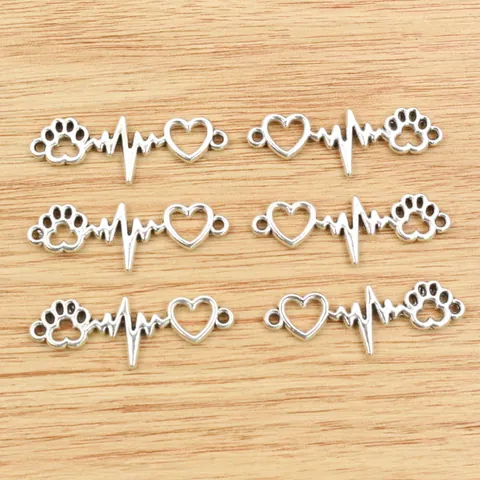 Antique Silver Zinc Alloy Heartbeat EKG Heart Paw Print Charms For DIY Necklace Bracelet Jewelry Making Pet Lovers Pendants