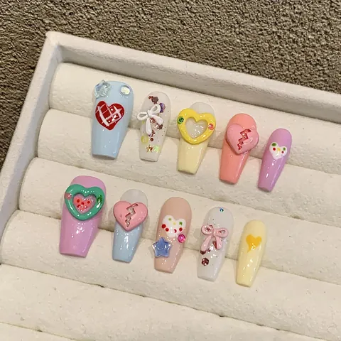 Handmade Macaron 3D Relief Heart Butterfly Coffin Press On Nails For Women Artificial False Nails Fashion Manicure Nail Art