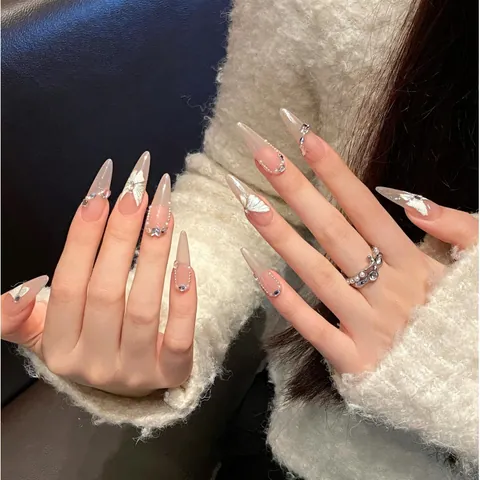 Handgefertigt Schmetterling Drucknägel Lange Mandel Stiletto Strass Perle Dekorativ Luxus Nude Rosa Elegant Maniküre Nagelspitzen