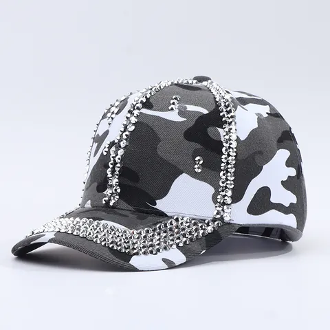 Women Fashion Camouflage Baseball Cap With Rhinestone Tassel Luxury Diamond Studded Adjustable Sun Hat Casual Camo Hat
