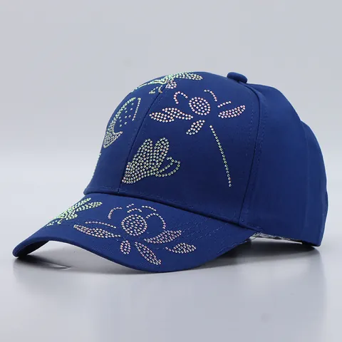 Women Rhinestone Butterfly Floral Bamboo Leaf Baseball Cap Cotton Adjustable Sparkly Bling Sun Protection Casual Fashion Hat
