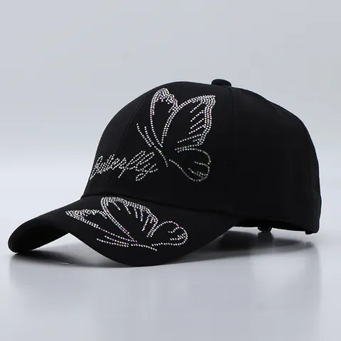 Women Rhinestone Butterfly Floral Bamboo Leaf Baseball Cap Cotton Adjustable Sparkly Bling Sun Protection Casual Fashion Hat