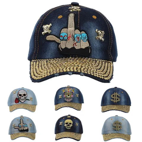 Casquette de Baseball en Denim Punk pour Femmes Strass Industrie Lourde Broderie Crâne Signe Dollar Chapeau Hip Hop Rock Ajustable