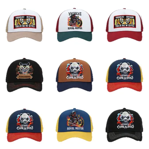 Cappello Trucker Retro in Rete di Poliestere Con Ricamo Animale Panda Leone Berretto da Baseball Regolabile Traspirante