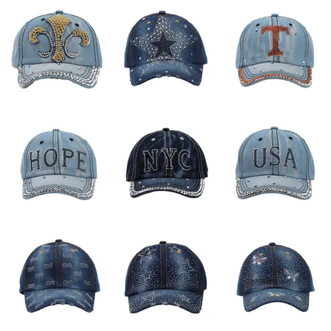 Fashion Denim Rhinestone Baseball Cap For Women Bling Bling Letter Star Butterfly Adjustable Distressed Washed Sun Hat