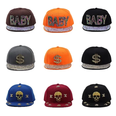 Rhinestone Flat Brim Baseball Cap Hip Hop Street Skull Dollar Sign Snapback Hat For Men Women Punk Rock Fashion Headwear