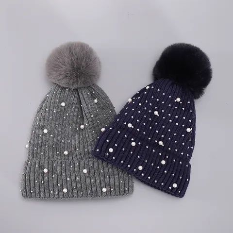 Women's Winter Ribbed Knit Beanie Hat With Faux Fur Pom-Pom Artificial Pearl Rhinestone Warm Thick Skull Cap Fleece Lined Slouchy Hat