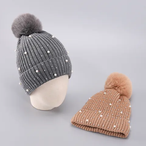 Women's Winter Ribbed Knit Beanie Hat With Faux Fur Pom-Pom Artificial Pearl Rhinestone Warm Thick Skull Cap Fleece Lined Slouchy Hat