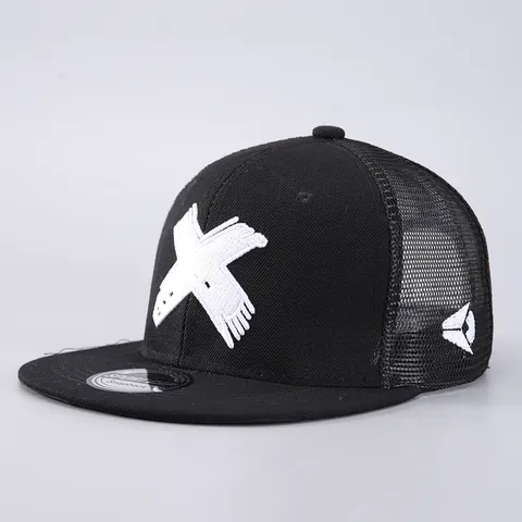 Unisex Hip Hop Snapback Hat Embroidered X Letter Flat Brim Baseball Cap Breathable Mesh Sun Shade Outdoor Streetwear Hat