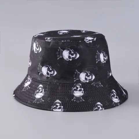 Halloween Skull Rose Print Polyester Bucket Hat Gothic Streetwear Party Sun Hat For Men Women Unisex Reversible Hat