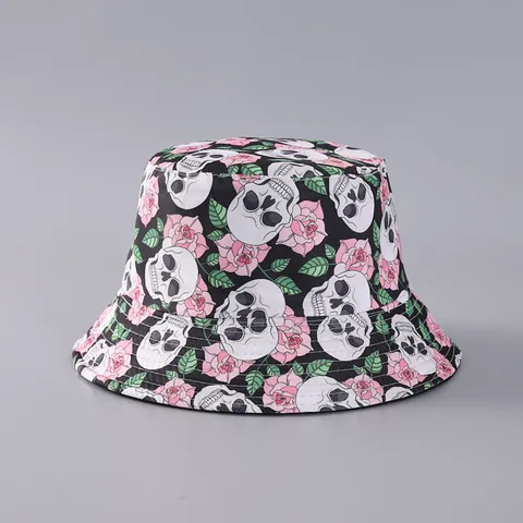 Halloween Skull Rose Print Polyester Bucket Hat Gothic Streetwear Party Sun Hat For Men Women Unisex Reversible Hat