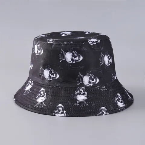 Halloween Skull Rose Print Polyester Bucket Hat Gothic Streetwear Party Sun Hat For Men Women Unisex Reversible Hat
