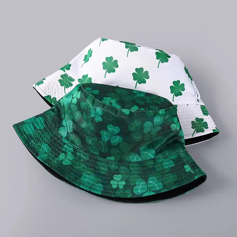 St. Patrick's Day Shamrock Print Bucket Hat Cotton Double Sided Wearable Fisherman Cap Sun Hat For Adults