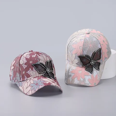 Women's Lace Butterfly Baseball Cap Rhinestone Floral Pattern Breathable Mesh Sun Hat Adjustable Elegant Fashion Outdoor Hat