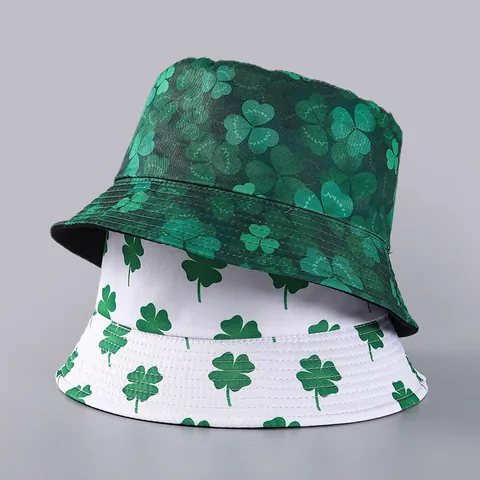 St. Patrick's Day Shamrock Print Bucket Hat Cotton Double Sided Wearable Fisherman Cap Sun Hat For Adults