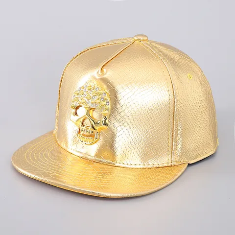 Hip Hop PU Leather Snake Skin Snapback Hat Metallic Gold Silver Skull Money Sign Rhinestone Baseball Cap For Men Women