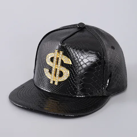 Hip Hop PU Leather Snake Skin Snapback Hat Metallic Gold Silver Skull Money Sign Rhinestone Baseball Cap For Men Women