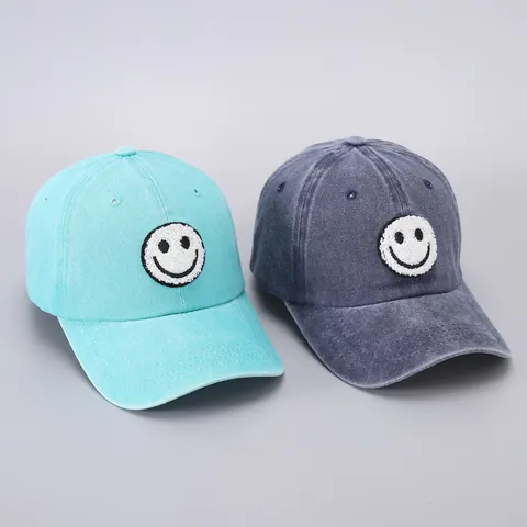 Washed Cotton Smiley Face Baseball Cap For Parent-Child Outdoor Sun Protection Adjustable Fashion Distressed Dad Hat