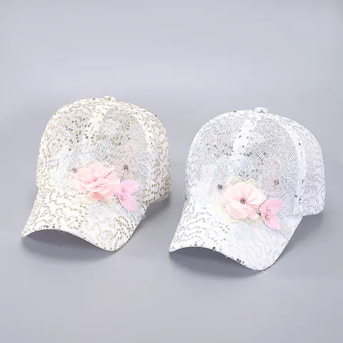 Dames Lovertjes Bloem Honkbalpet Kant Gaas Ademend Zonbescherming Modieuze Glitter Pet Zomer Vakantie Accessoire