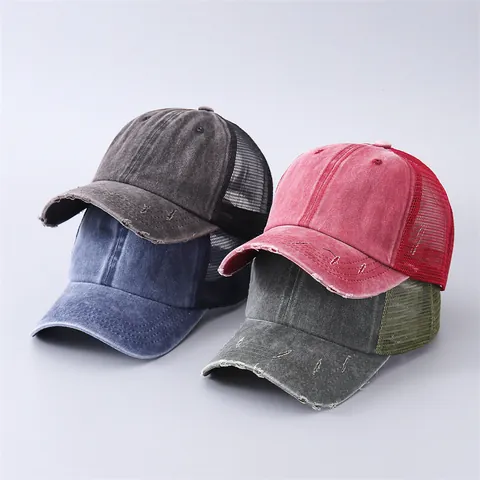 Damen Distressed Gewaschene Baumwolle Netz Pferdeschwanz Baseballkappe Vintage Verstellbare Trucker-Kappe Atmungsaktive Sonnenhut