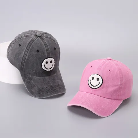 Washed Cotton Smiley Face Baseball Cap For Parent-Child Outdoor Sun Protection Adjustable Fashion Distressed Dad Hat