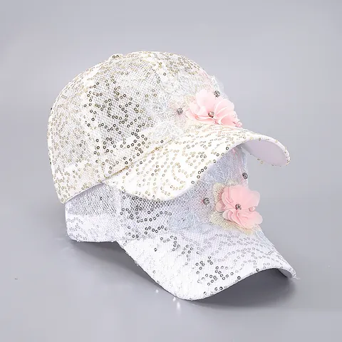 Dames Lovertjes Bloem Honkbalpet Kant Gaas Ademend Zonbescherming Modieuze Glitter Pet Zomer Vakantie Accessoire