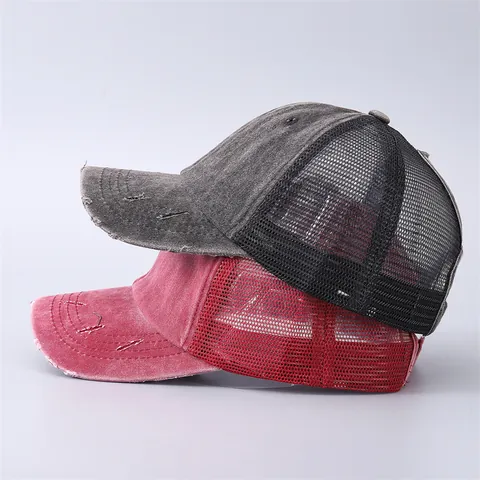 Damen Distressed Gewaschene Baumwolle Netz Pferdeschwanz Baseballkappe Vintage Verstellbare Trucker-Kappe Atmungsaktive Sonnenhut
