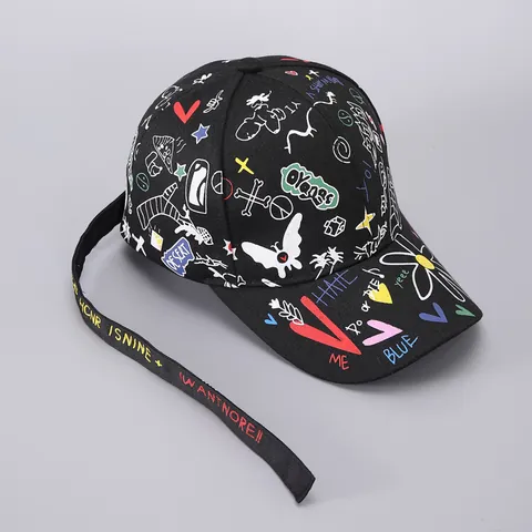 Street Graffiti Baseball Cap With Long Ribbon Strap Hip Hop Curved Brim Cotton Sun Hat For Men Women Unisex