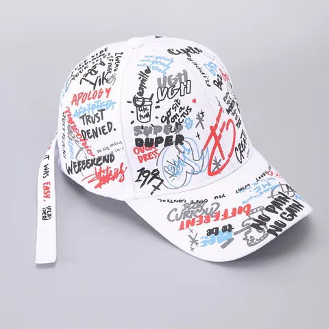 Street Graffiti Baseball Cap With Long Ribbon Strap Hip Hop Curved Brim Cotton Sun Hat For Men Women Unisex