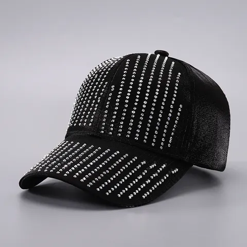 Fashion Women Satin Baseball Cap With Vertical Rhinestone Stripes Luxury Western Style Curved Brim Adjustable Sun Hat