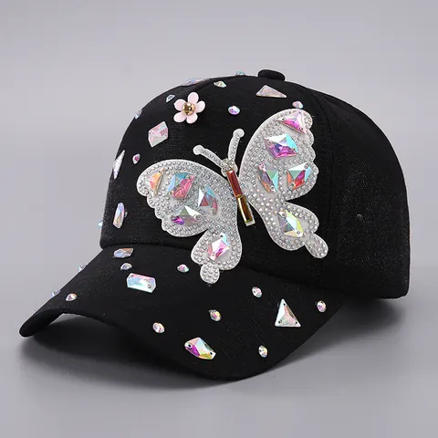Berretto da Baseball da Donna con Farfalla in Strass Poliestere Fiore di Paillettes Cappello da Sole Regolabile Moda Accessorio Decorativo