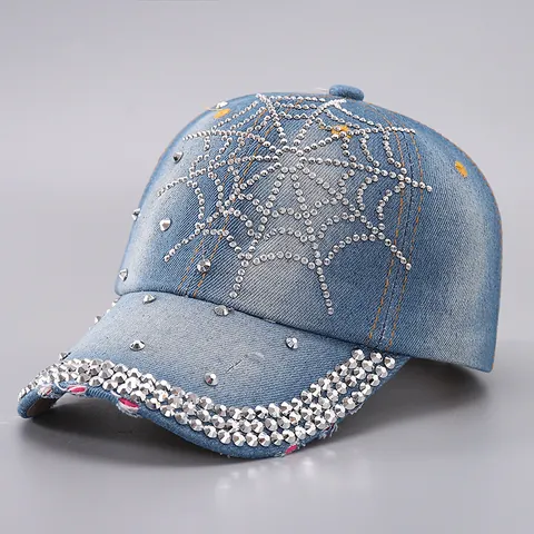 Berretto da Baseball in Denim Y2K da Donna Ragnatela in Strass Berretto Con Visiera Effetto Invecchiato Con Borchie in Metallo Regolabile