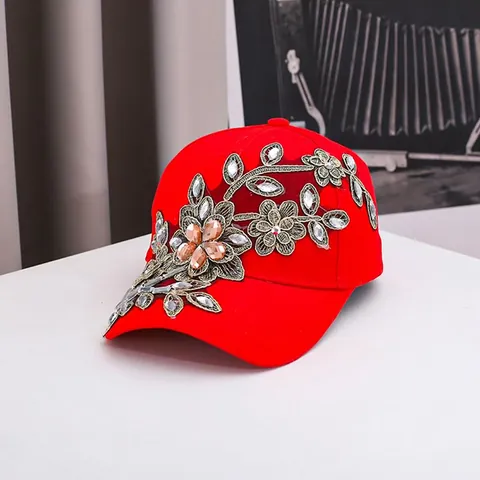 Women Fashion Rhinestone Floral Embroidery Baseball Cap Luxury Cotton Adjustable Sun Hat Bling Crystal Flower Snapback Cap For Party Outdoor Casual Accessories