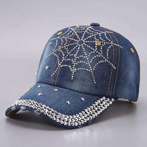 Berretto da Baseball in Denim Y2K da Donna Ragnatela in Strass Berretto Con Visiera Effetto Invecchiato Con Borchie in Metallo Regolabile
