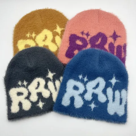 Faux Mink Fur Knitted Beanie Hat For Women Men Winter Warm Fluffy Jacquard RRW Letter Star Y2K Streetwear Skull Cap
