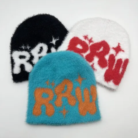 Faux Mink Fur Knitted Beanie Hat For Women Men Winter Warm Fluffy Jacquard RRW Letter Star Y2K Streetwear Skull Cap