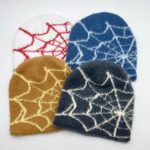 Unisex Beanie Hat Spider Web Pattern Faux Mink Fur Plush Knit Cap Y2K Streetwear Winter Warm Brimless Skull Cap For Men Women
