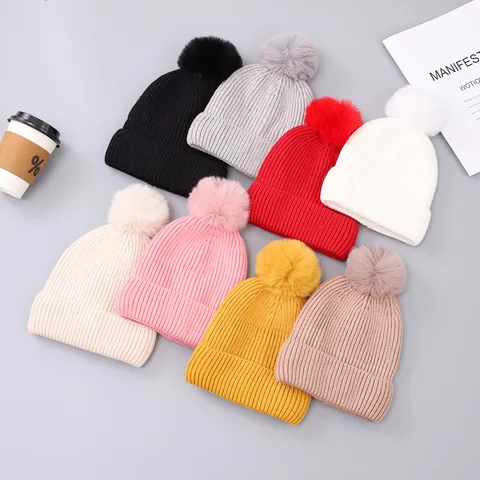 Kids Winter Warm Knitted Hat Scarf And Gloves With Faux Fur Pom Pom Touchscreen Function For Boys Girls Ages 7-14