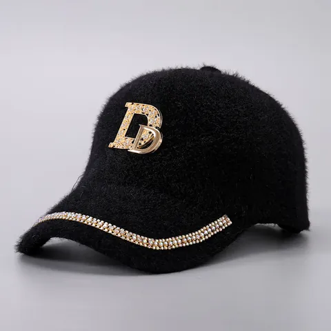 Damen Mode Nerzsamt Baseballkappe Strass Doppel D Buchstaben Schirmmütze Warm Herbst Winter Breite Krempe Hut