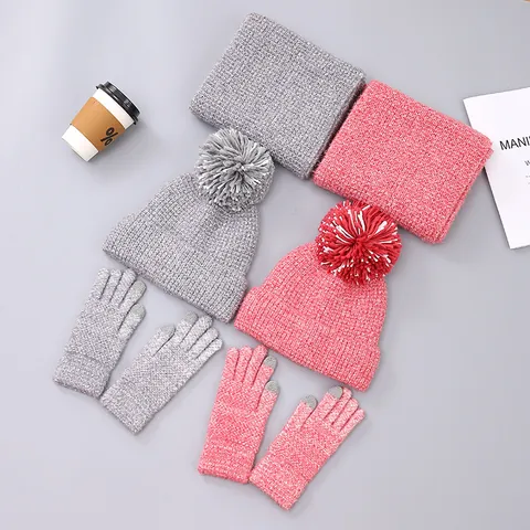 Winter Knitted Warm Beanie Hat With Pompom Long Scarf And Touchscreen Gloves Fleece Lined Outdoor Accessories For Women