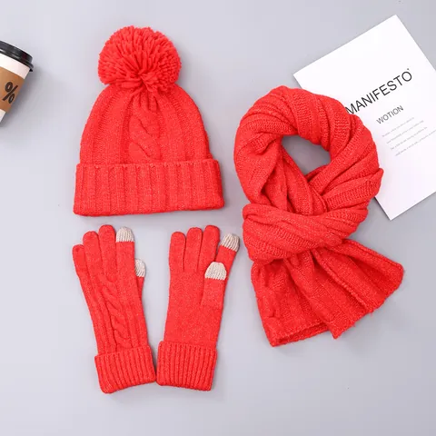 Conjunto de Gorro Bufanda Y Guantes de Punto de Invierno para Mujer Caliente con Pompón Guantes Táctiles Bufanda Larga