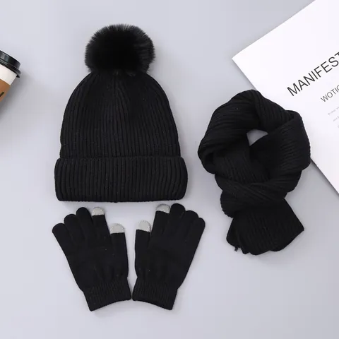 Kids Winter Warm Knitted Hat Scarf And Gloves With Faux Fur Pom Pom Touchscreen Function For Boys Girls Ages 7-14