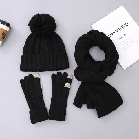 Conjunto de Gorro Bufanda Y Guantes de Punto de Invierno para Mujer Caliente con Pompón Guantes Táctiles Bufanda Larga