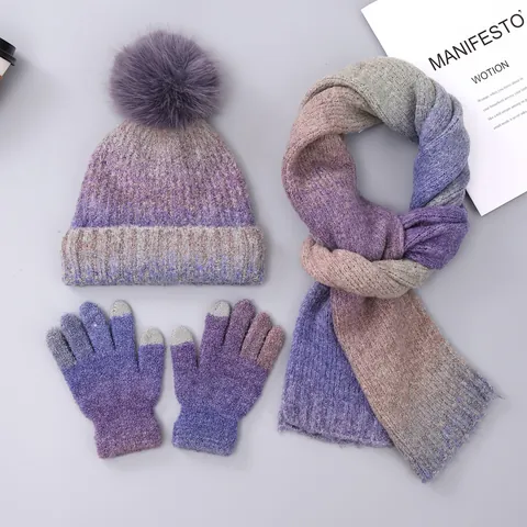 Women Winter Knitted Hat Scarf And Gloves Set Tie Dye Gradient Warm Beanie With Pom Pom Touchscreen Gloves Accessory Set