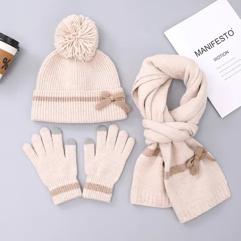 Dames Winter Gebreide Muts Sjaal Handschoenen Pompon Strik Warme Acryl Muts Nekwarmer Touchscreen Wanten Zacht Comfortabel Accessoire Voor Buiten