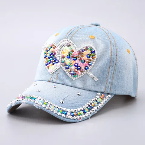 Women Fashion Denim Baseball Cap Sparkly Rhinestone Pearl Heart Butterfly LOVE Pattern Adjustable Cotton Washed Sun Hat Streetwear