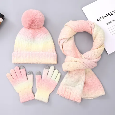 Women Winter Knitted Hat Scarf And Gloves Set Tie Dye Gradient Warm Beanie With Pom Pom Touchscreen Gloves Accessory Set